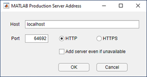 MATLAB Production Server Address dialog box complete with server instance information
