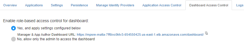 Dashboard access control tab with the option to enable dashboard access control selected and the URL to share