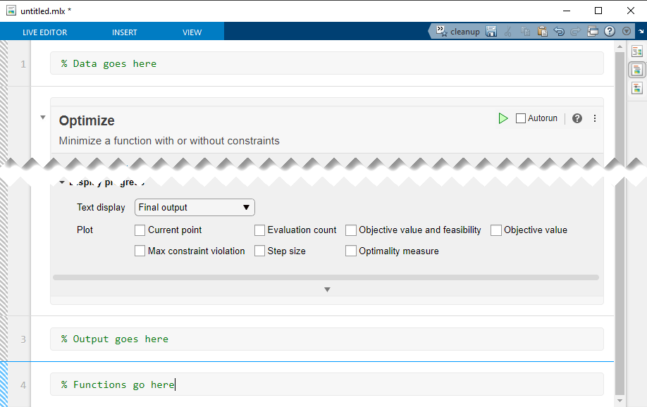 Live Script with section for data on top, then Optimize Live Editor task, then section for output, then section for functions.