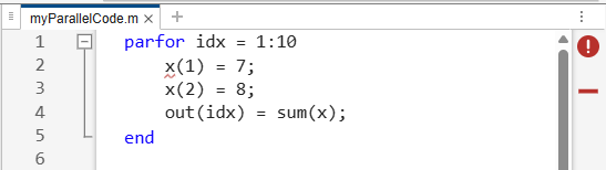 myParallelCode file in the Editor with the red error symbol displayed in the indicator bar, the error marker in the indicator bar, and the red line under a code fragment.