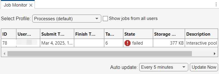 The job monitor shows job with user ID 123, state shown as "failed", and the description is "interactive pool".