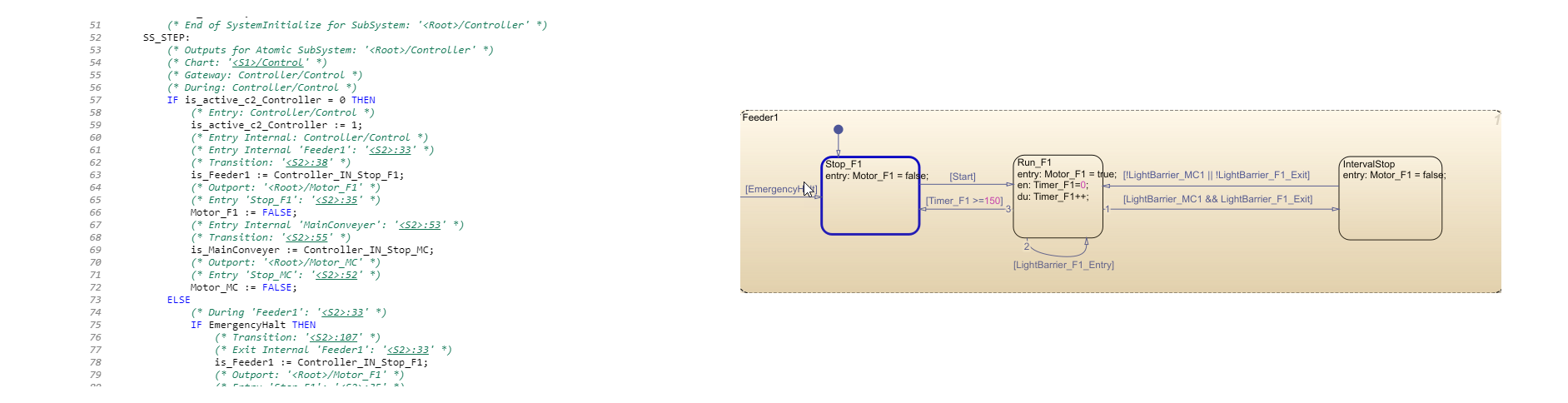 Click on the hyperlink to highlight the associated state in the Stateflow chart.