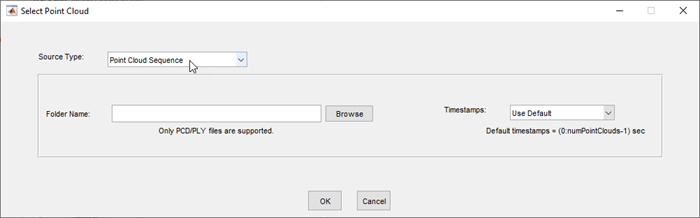 Add Signal dialog box with Source Type set to Point Cloud Sequence