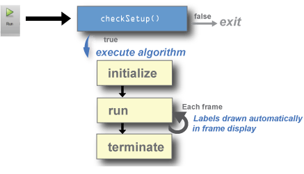 Flow diagram showing algorithm execution order: checkSetup, initialize, run, and terminate