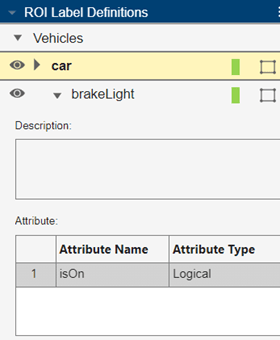 ROI Labels tab with an isOn attribute under the brakeLight label
