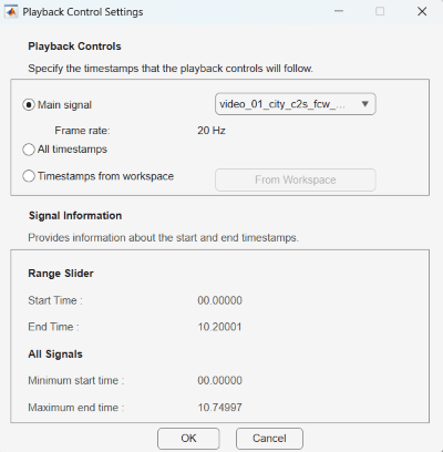 Playback control settings dialog with the video signal selected as the main signal with frame rate of 20 Hz.