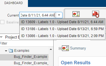 Polyspace Access dashboard active run selection.