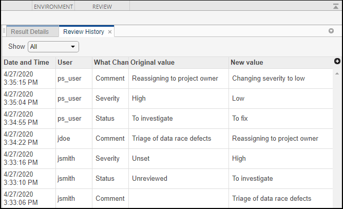 The Review History pane contains columns such as Date and Time, User, What Changed, Original Value, and New Value.