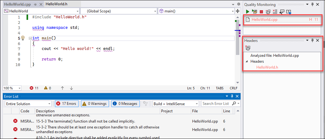 Polyspace as You Code Headers view in Visual Studio