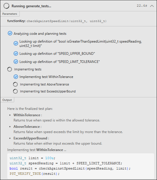 Polyspace Copilot chat showing progress of test generation including analyzing code, planning tests, and implementing tests.