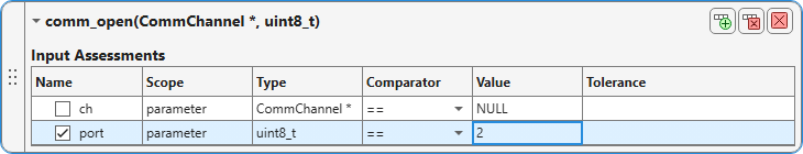 Function card for comm_open, showing the parameter assessment for the input port enabled, and set to == 2.