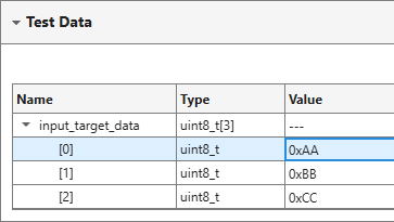 Test Data section of the test case. The first three values of the input_target_data array are set to 0xAA, 0xBB, and 0xCC.