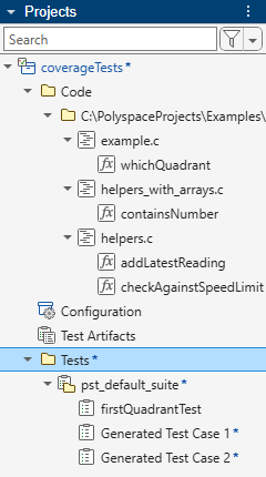 Generated tests appear under the Tests node of the project, below the firstQuadrantTest you wrote.