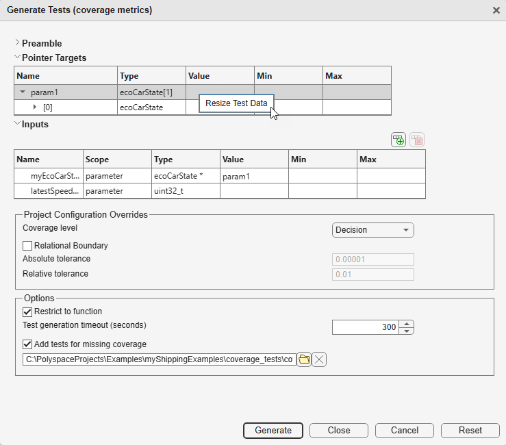 Pointer inputs by default point to a one-element pointer target. You can resize the target by right-clicking the input and selecting Resize Test Data.