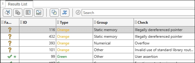Code Prover results list showing orange checks for Illegally dereferenced pointer, Overflow, and Invalid use of standard library routine.