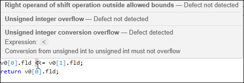 The Source Code pane with inline decorations and a hover tooltip showing defect details for an expression.