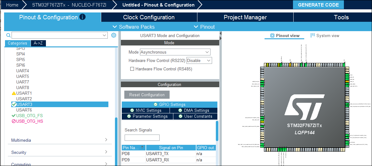 Select USART3 on the left and on the GPIO Settings tab, note the pins PD8 and PD9.