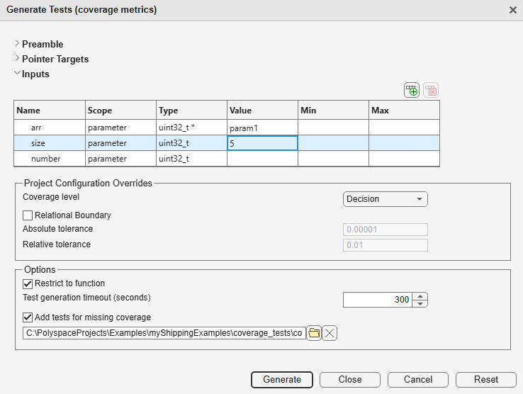 Inputs section of test generation dialog showing all function inputs.