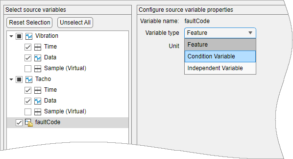 The faultCode row is selected on the left. The Variable type list on the right contains Feature, Condition Variable, and Independent Variable.