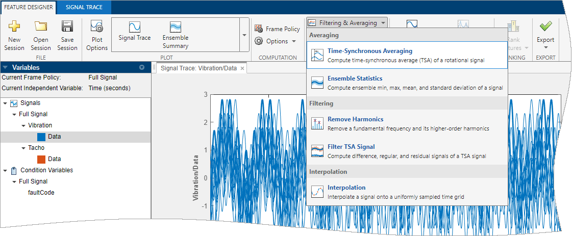 The signal Vibration/Data is selected in the column on the left. Time-Synchronous Averaging is the top option in the column on the right.