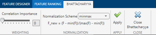 The Bhattacharyya tab contains, from left to right, Correlation Importance, Normalization Scheme, Apply, and Close.