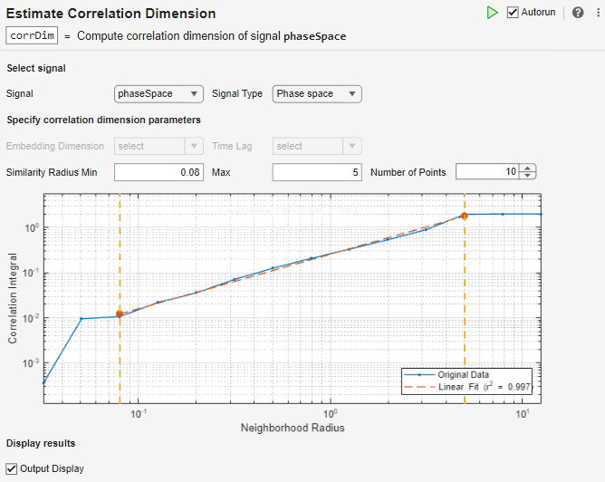 Estimate Correlation Dimension task in Live Editor