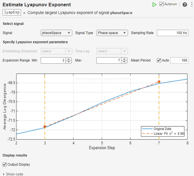 Estimate Lyapunov Exponent task in Live Editor