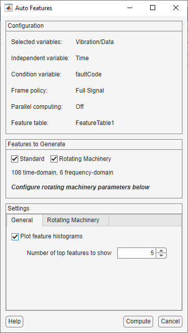 The Auto Features dialog box contains the Configuration pane on the top, the Features to Generate pane in the middle and the Settings pane on the bottom.
