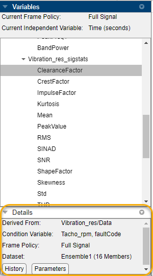 ClearanceFactor is at the top of the feature list that is directly under Vibration_res_sigstats. The Details pane is on the bottom.