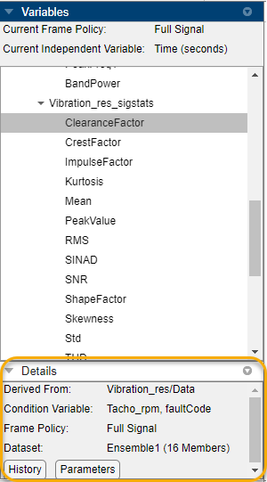 ClearanceFactor is at the top of the feature list that is directly under Vibration_res_sigstats. The Details pane is on the bottom.