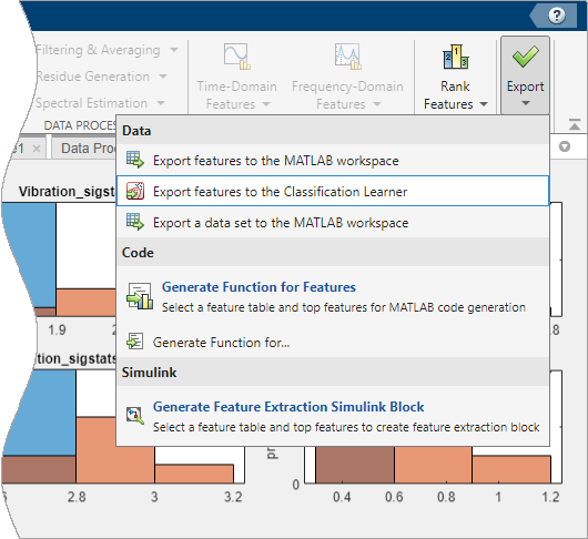 The Export button is in the top right-hand corner. A menu is directly underneath the button. In the menu, the Export features to the Classification Learner selection is the second row from the top