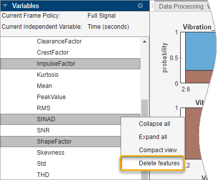 Variables pane. Multiple nonadjacent features are selected. The context menu to the right of the pane has the Delete features option selected.