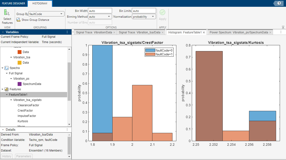 Histogram displayed in the app that shows CrestFactor on the left and Kurtosis on the right.