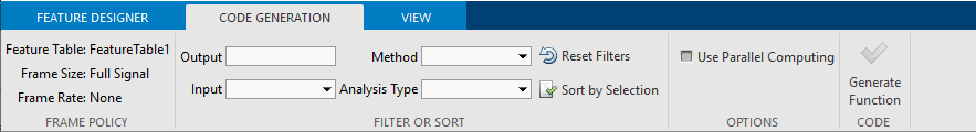 Code Generation tab in Diagnostic Feature Designer for selecting filtering options