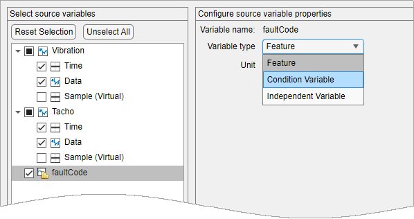 In the source variables list on the left, the faultCode variable row is gray. In the source variable properties on the right, a menu displays Feature, Condition Variable, and Independent Variable.