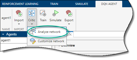 Analyze Network option, under Ctitic, in the DQN Agent tab