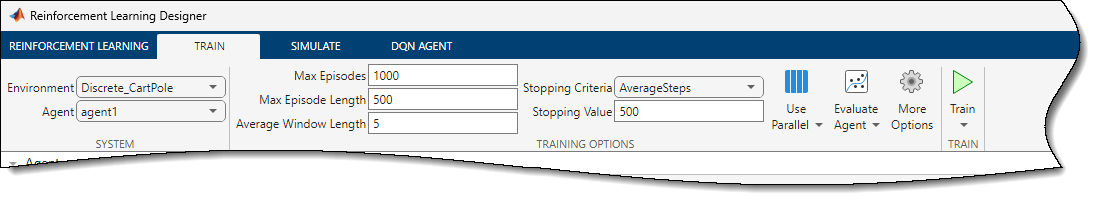 Reinforcement Learning Designer app showing the Train tab in the toolstrip