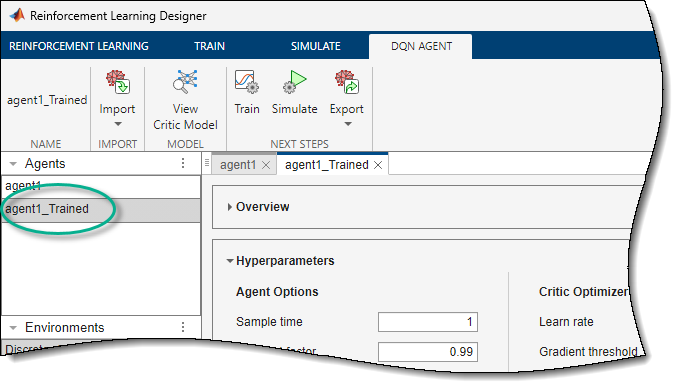 Reinforcement Learning Designer window showing how to export the trained agent