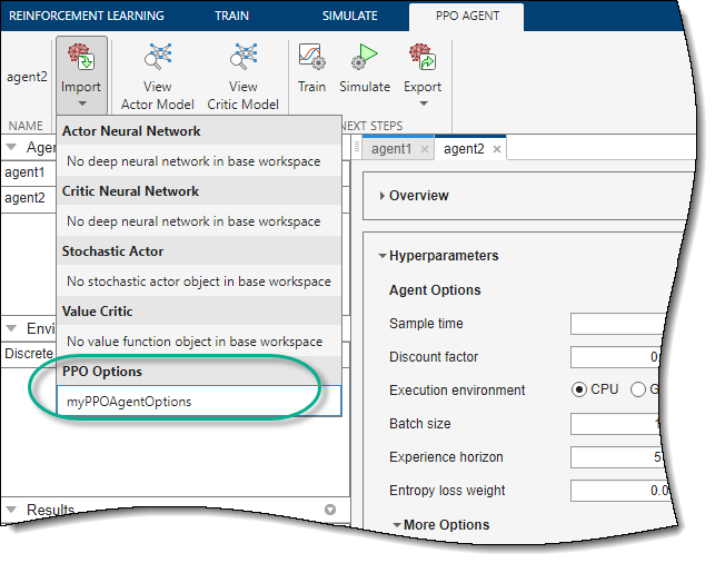 Select one of the listed options objects, which are available in the MATLAB workspace.