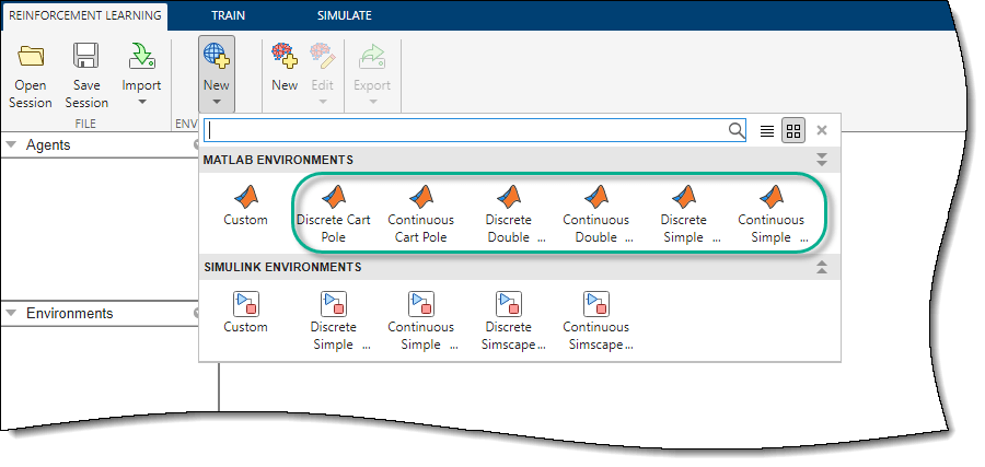 You can select one of several predefined MATLAB environments.