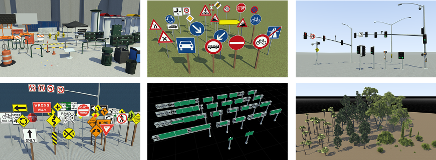 Examples of asset library assets, including road signs, trees, urban props, traffic signals, and highway street sign structures.