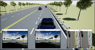 An automated driving application that is simulating within a scene created in RoadRunner