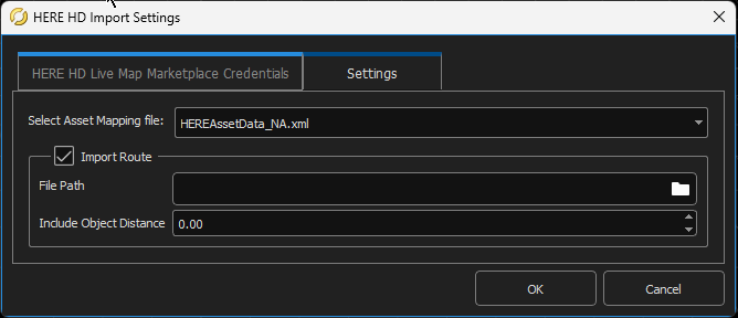 HERE HD Import Settings dialog box Settings tab