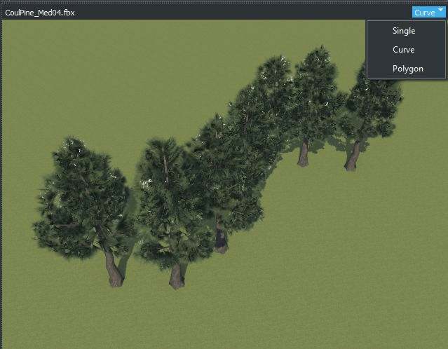 A tree asset that is displayed as a curve. In the top-right corner, the display type options are Single, Curve, and Polygon.