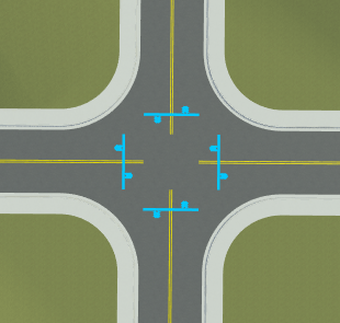 Intersection with blue chevrons that preview where stop lines are added