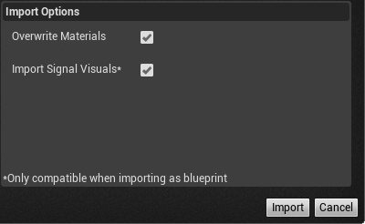 Import Options in Unreal Engine with Overwrite Materials and Import Signal Visuals selected.
