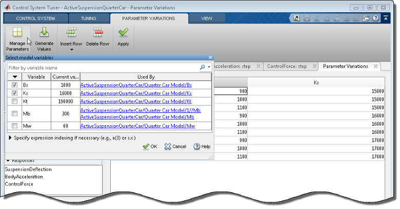 Control System Tuner app showing dialog box for selecting model parameters to vary