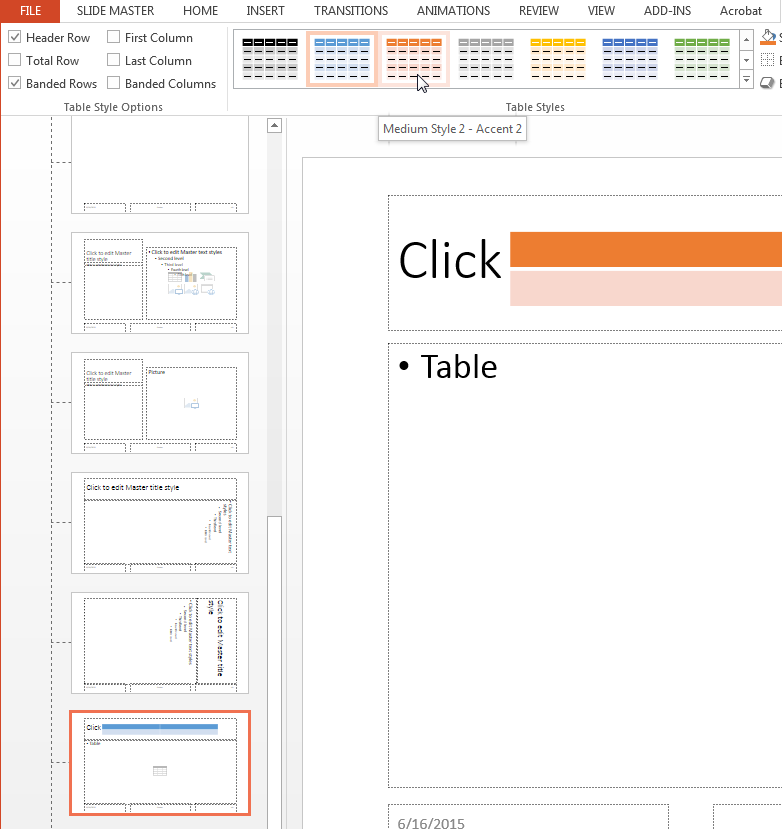 A tooltip "Medium Style 2 - Accent 2" identifies the third table style in the panel of table styles.