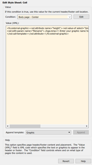 Properties pane with Condition set to Body page - Center and Value (XML) populated with the XML code that tells the File Converter to include the graphic