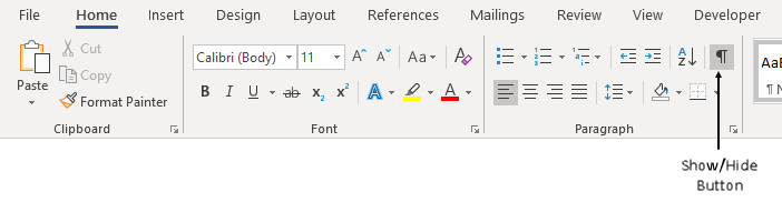 The Home tab of the Word ribbon with an annotation that identifies the Show/Hide button